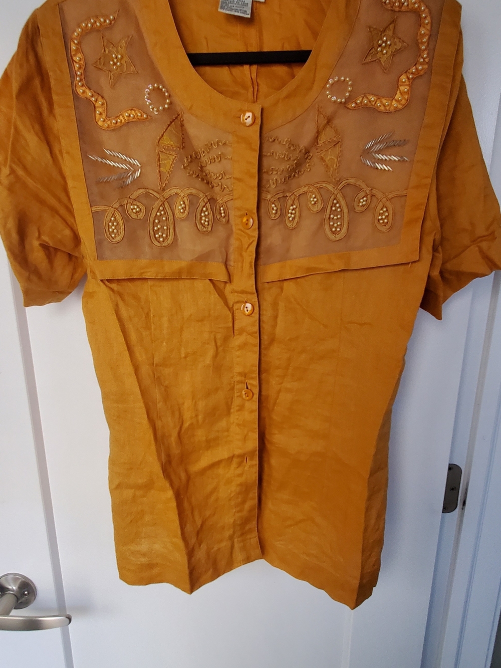 Embroidered Button-Down Linen Short Sleeve Top in Mustard